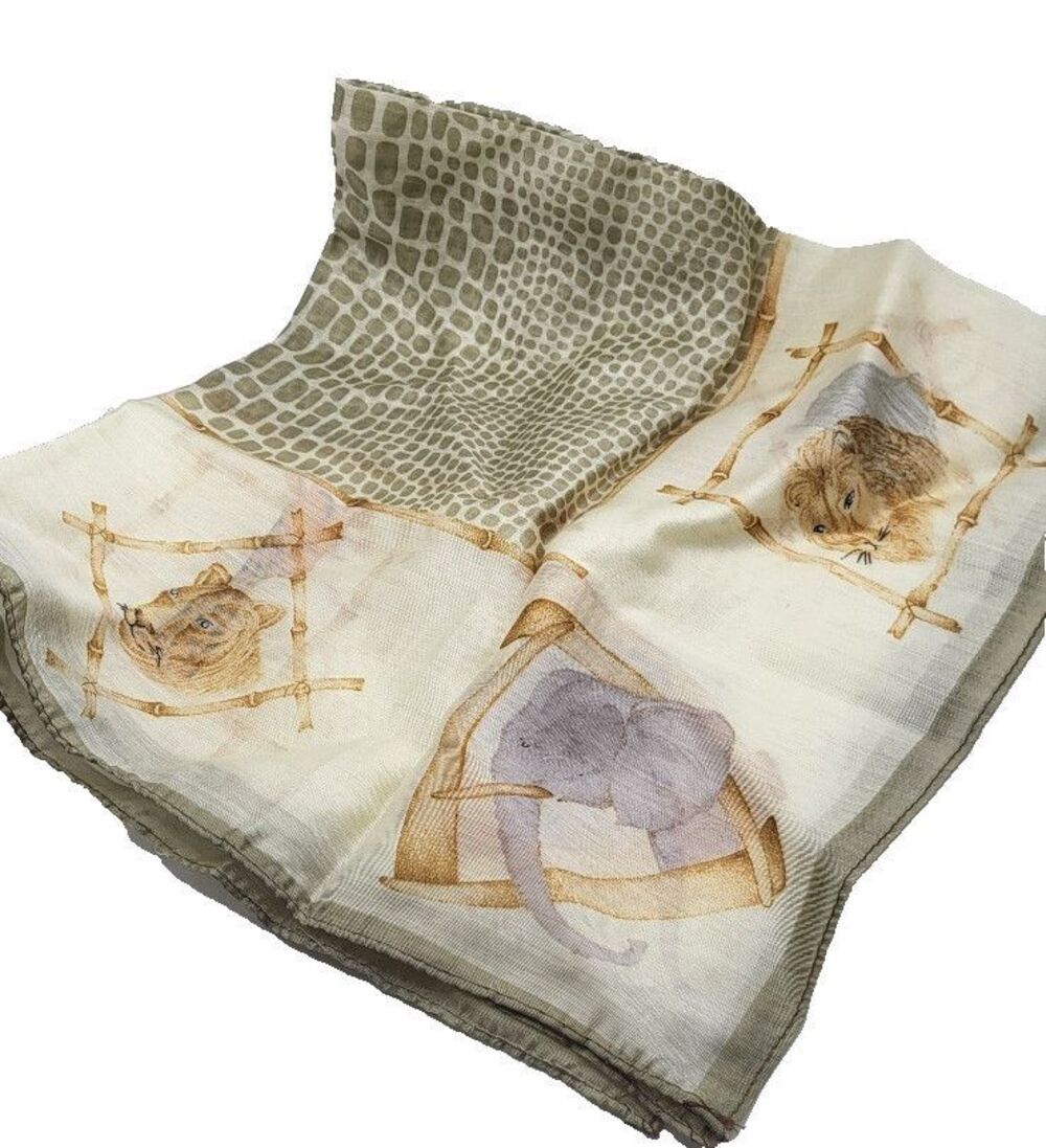 Vintage Italy Cotton Scarf Square Safari Wildlife Lion Bamboo 20in